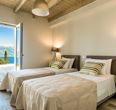 Luxury twin room with stunning views and terrace at Villa Gionis Fiscardo, Kefalonia, Greek Islands