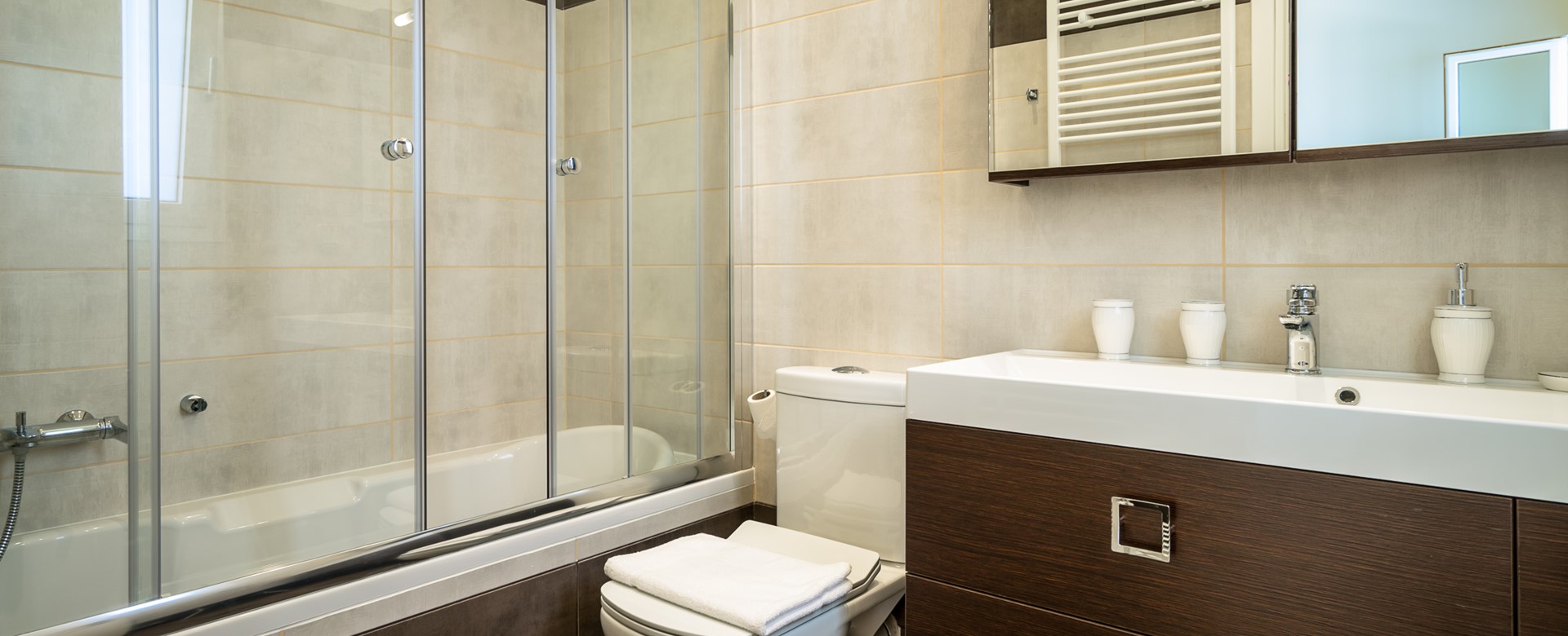 Luxurious modern bathroom with shower over bath at Villa Gionis Fiscardo, Kefalonia, Greek Islands