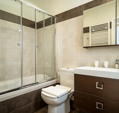 Luxurious modern bathroom with shower over bath at Villa Gionis Fiscardo, Kefalonia, Greek Islands