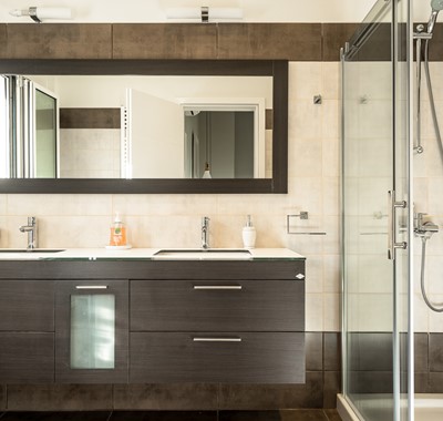 Luxurious 'His and hers' sinks plus standalone shower at Villa Gionis Fiscardo, Kefalonia, Greek Islands