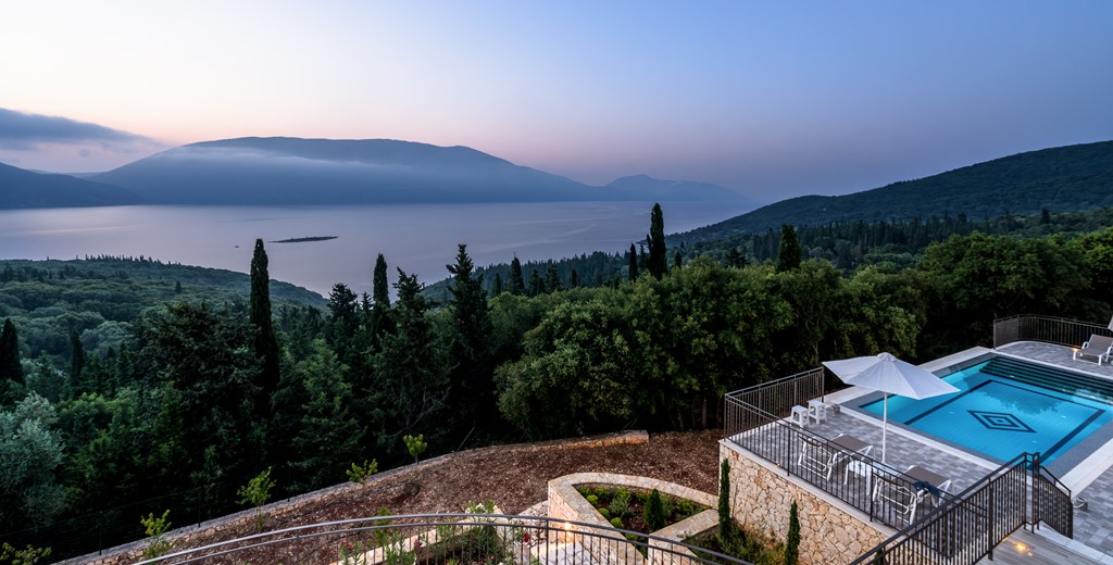 Uninterrupted views across sea to island of Ithaca from every terrace at Villa Gionis Fiscardo, Kefalonia, Greek Islands