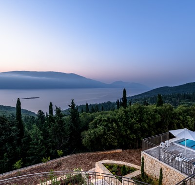 Uninterrupted views across sea to island of Ithaca from every terrace at Villa Gionis Fiscardo, Kefalonia, Greek Islands