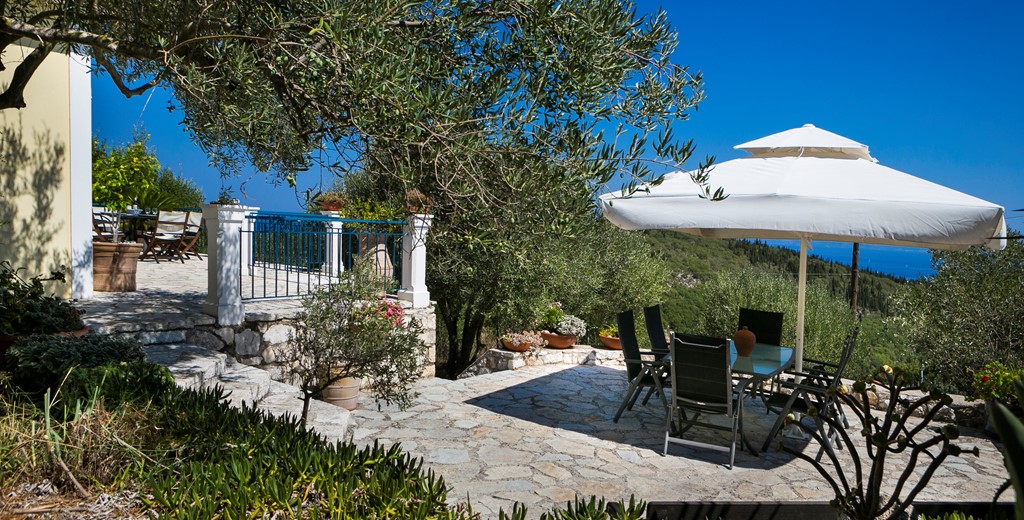 Mature landscaping around terraces at Villa Lithia, Fiscardo, Kefalonia, Greek Islands