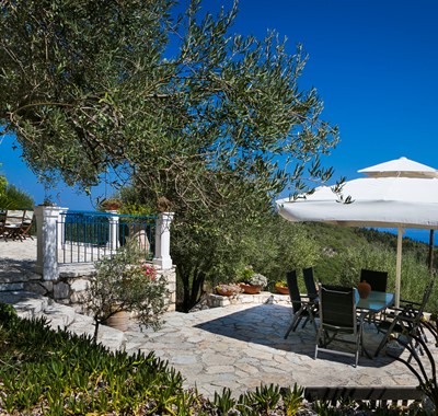 Mature landscaping around terraces at Villa Lithia, Fiscardo, Kefalonia, Greek Islands