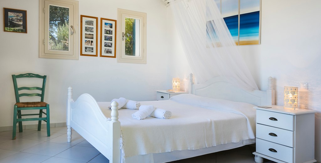 Traditional airy double bedroom at Villa Lithia, Fiscardo, Kefalonia, Greek Islands