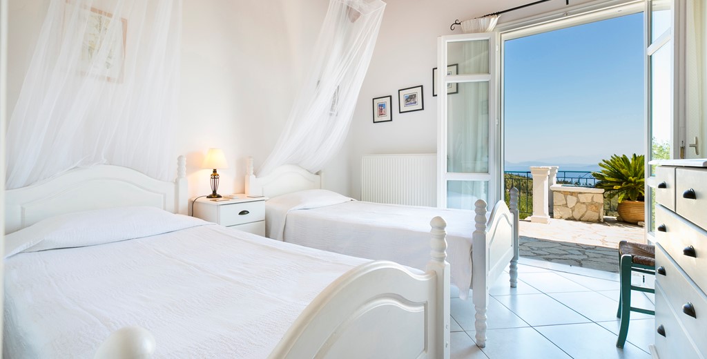 Bright and breezy twin room with a view and access to terrace at Villa Lithia, Fiscardo, Kefalonia, Greek Islands
