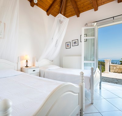 Bright and breezy twin room with a view and access to terrace at Villa Lithia, Fiscardo, Kefalonia, Greek Islands