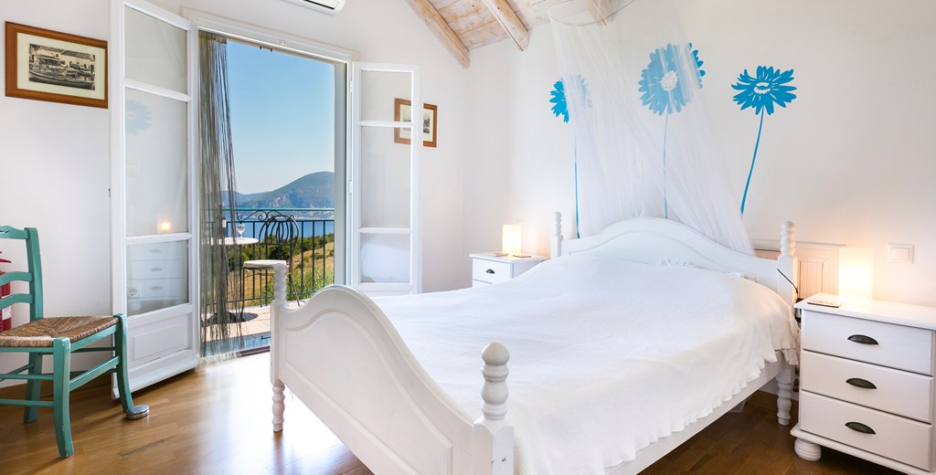 Fresh and bright double bedroom with terrace and views at Villa Lithia, Fiscardo, Kefalonia, Greek Islands