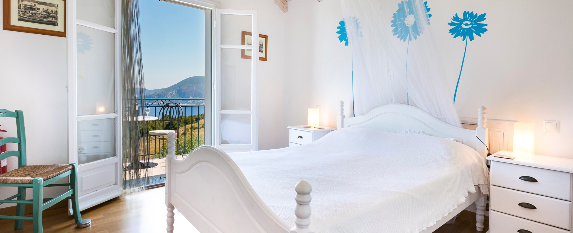 Fresh and bright double bedroom with terrace and views at Villa Lithia, Fiscardo, Kefalonia, Greek Islands