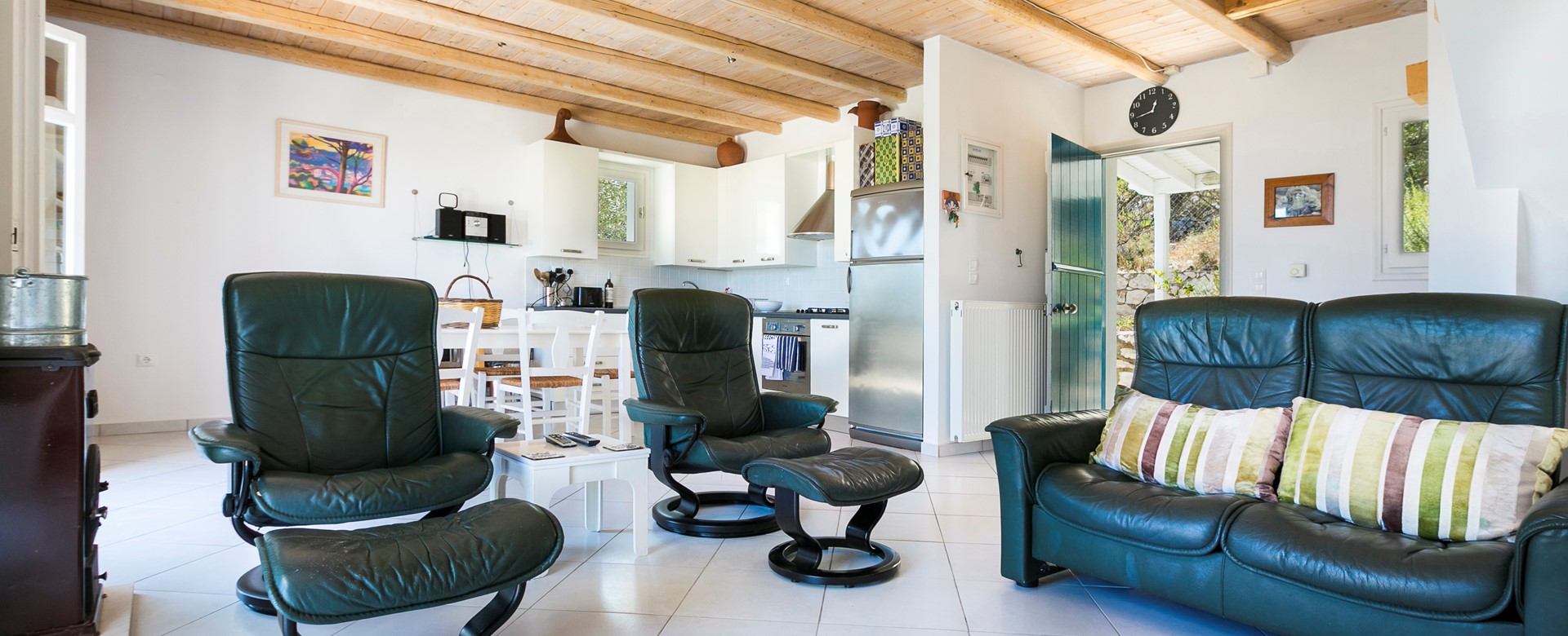 Comfy seating in open plan living room at Villa Lithia, Fiscardo, Kefalonia, Greek Islands