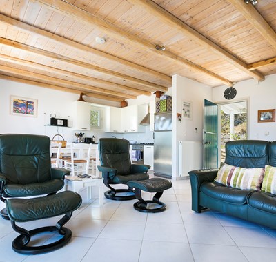 Comfy seating in open plan living room at Villa Lithia, Fiscardo, Kefalonia, Greek Islands