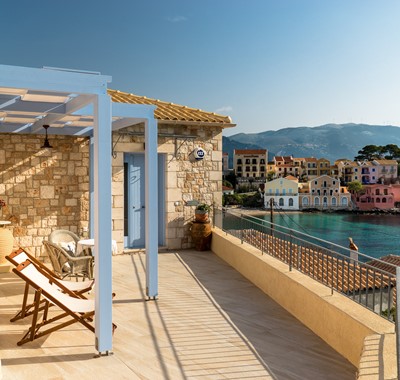 Stunning private terrace with postcard views across the water at Villa Petrino, Assos, Kefalonia, Greek Islands