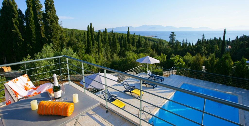 Impressive views from balcony over private pool and established landscape at Villa Roberto, Fiscardo, Kefalonia, Greek Islands