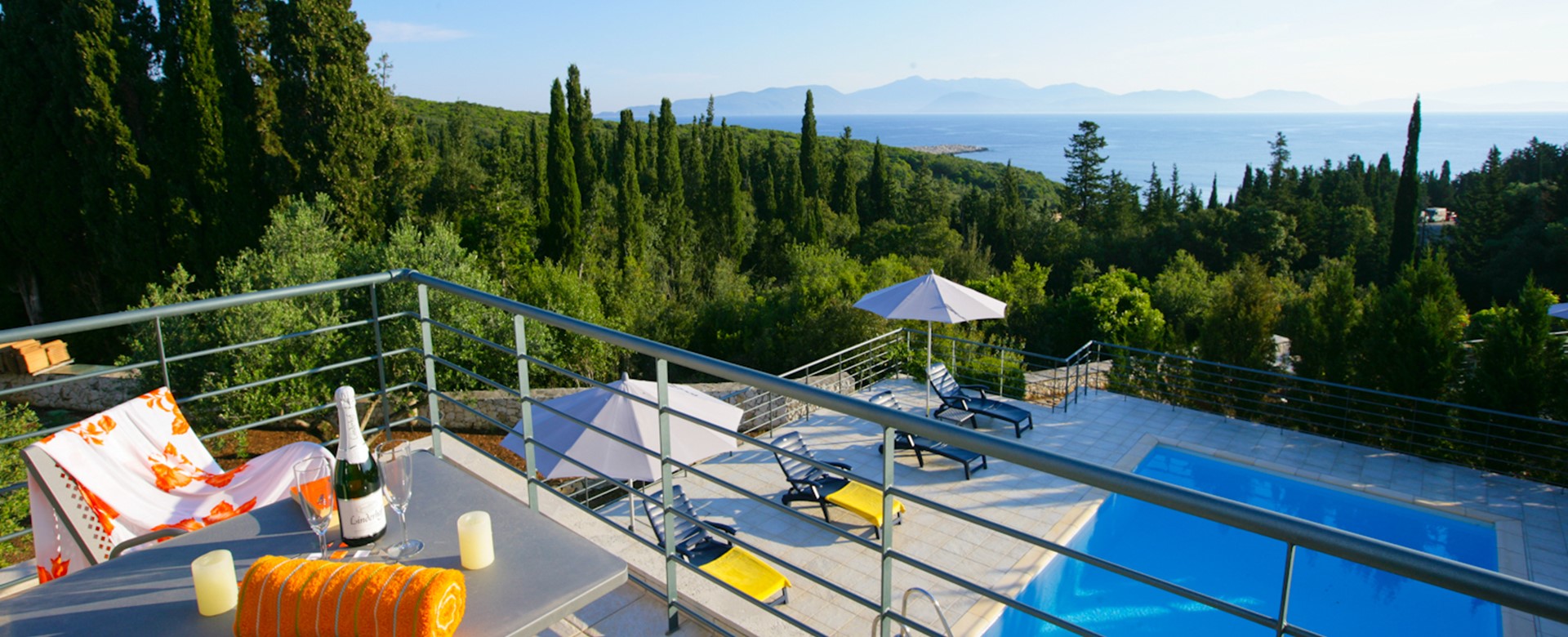 Impressive views from balcony over private pool and established landscape at Villa Roberto, Fiscardo, Kefalonia, Greek Islands