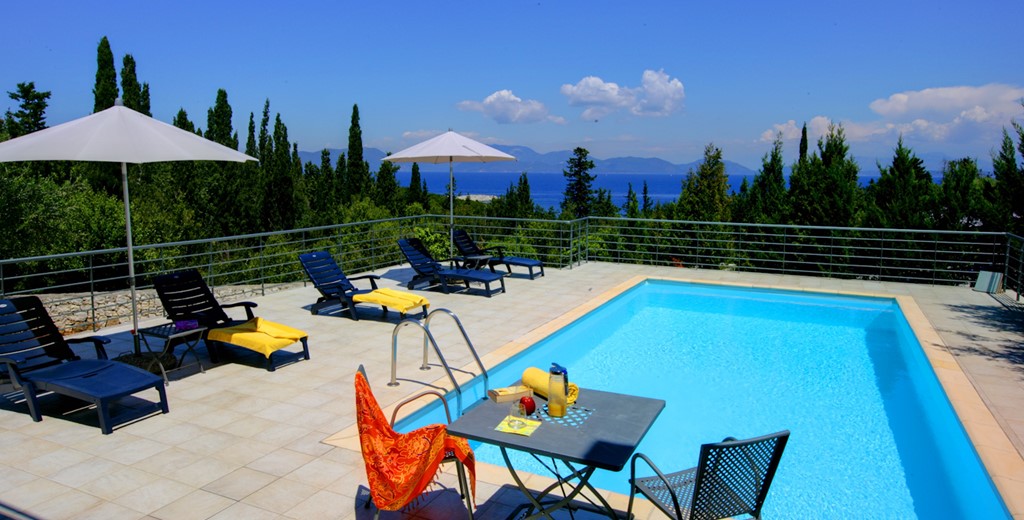 Spacious private pool with loungers and shade at Villa Roberto, Fiscardo, Kefalonia, Greek Islands