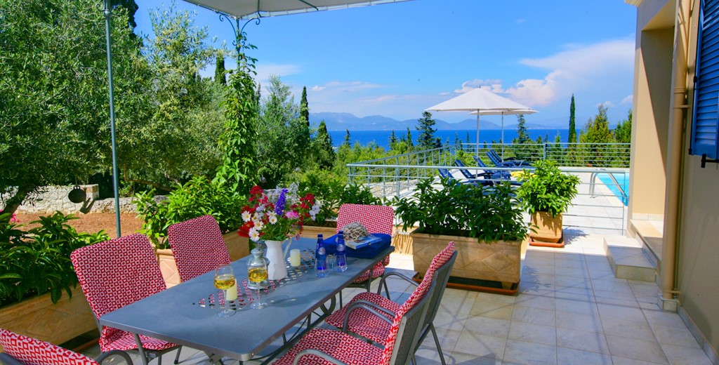 Shady terrace perfect for alfresco dining at Villa Roberto, Fiscardo, Kefalonia, Greek Islands