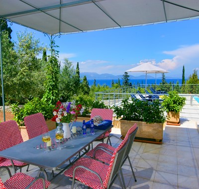 Shady terrace perfect for alfresco dining at Villa Roberto, Fiscardo, Kefalonia, Greek Islands