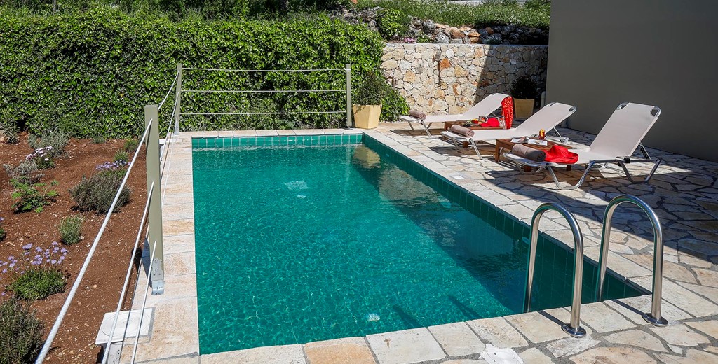 Private sunny pool deck with plunge pool at Rosie's Herb Cottage, Assos, Kefalonia, Greek Islands