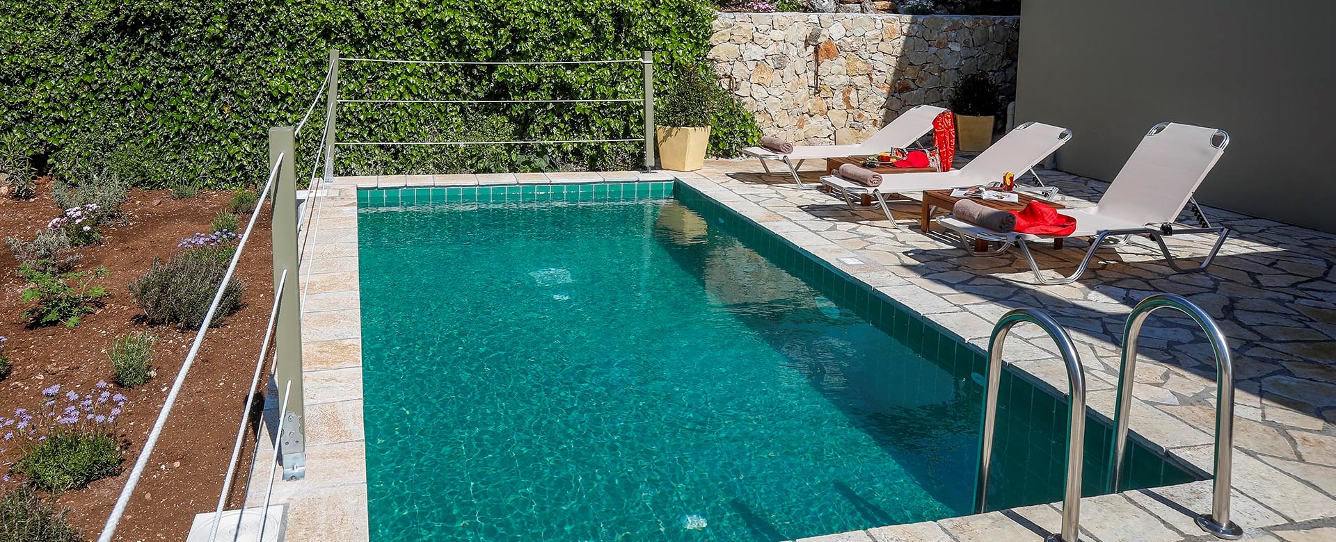 Private sunny pool deck with plunge pool at Rosie's Herb Cottage, Assos, Kefalonia, Greek Islands