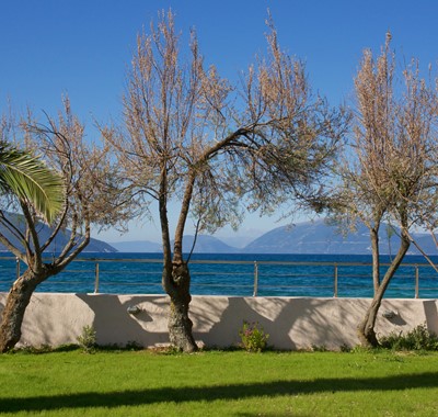 Beautiful views at end of the garden towards dedicated beach access at Villa Theano, Sami, Kefalonia, Greek Islands