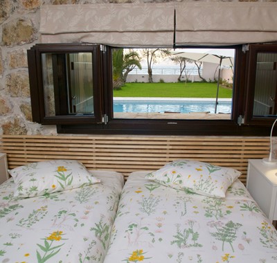 Picturesque view from twin room towards beach at Villa Theano, Sami, Kefalonia, Greek Islands