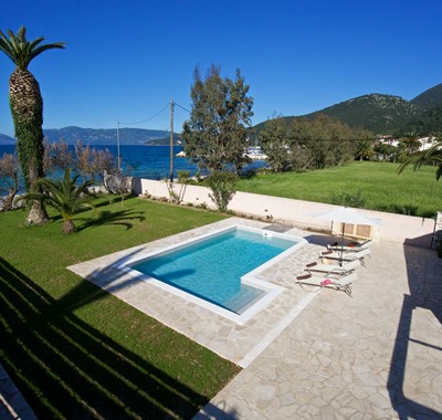 Aerial view over private pool towards beaches at Villa Theano, Sami, Kefalonia, Greek Islands
