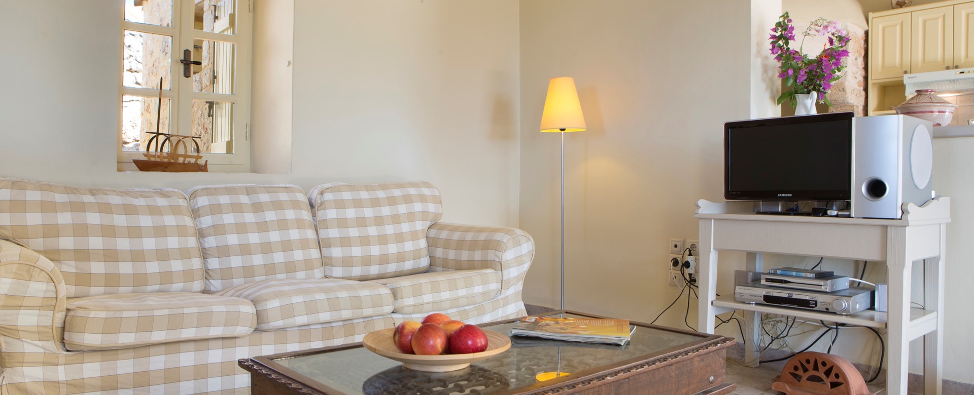 The lounge and sofa area inside Lemoni Cottage, Fiscardo, Kefalonia