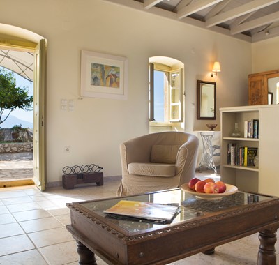 Tub chair with a view inside Lemoni Cottage, Fiscardo, Kefalonia