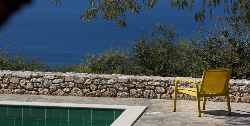 Lounge back and enjoy the views next to the pool on the terrace outside Lemoni Cottage, Fiscardo, Kefalonia