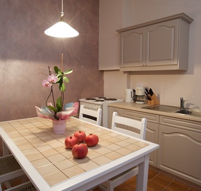 Dining and kitchen space inside Magnolia Apartments, Fiscardo, Kefalonia, Greek Islands