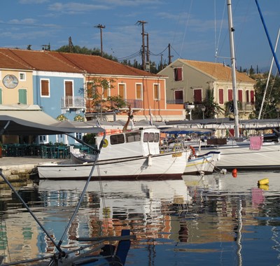 Charming marina with waterside restaurants at Villa Lithia, Fiscardo, Kefalonia, Greek Islands