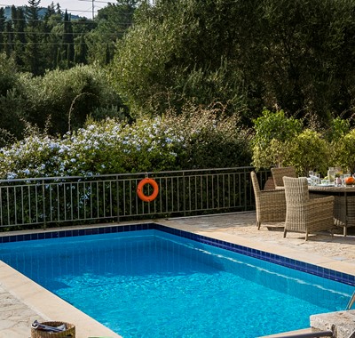 Private pool and established gardens and greenery surrounding Villa Pelagia, Fiscardo, Kefalonia, Greek Islands