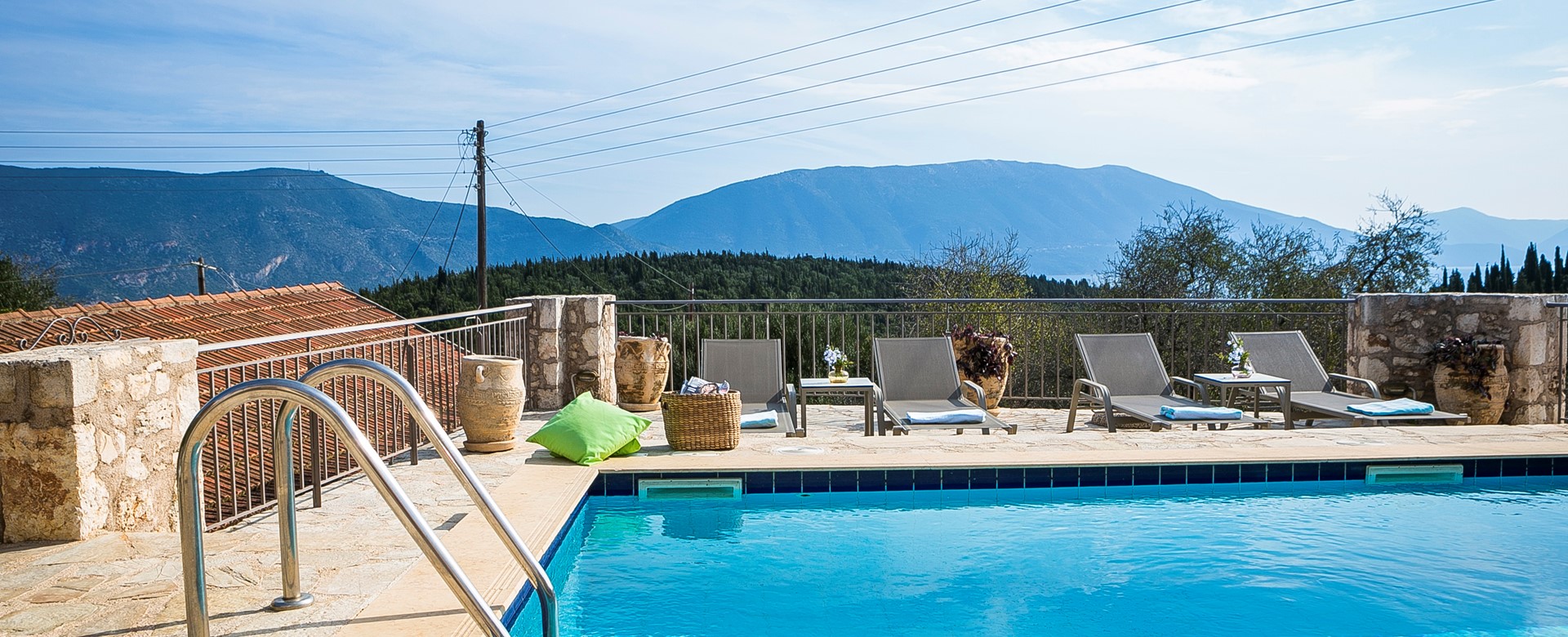 A pool and sunbathing spot with a view, Villa Pelagia, Fiscardo, Kefalonia, Greek Islands
