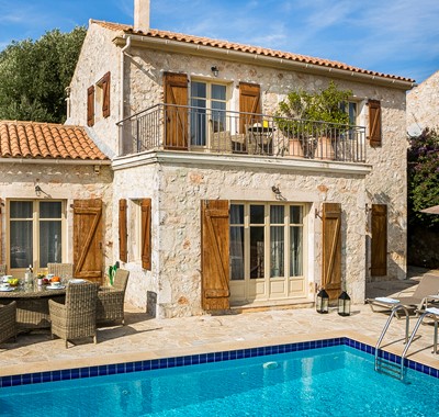 Traditional rustic stone built villa with a balcony and its own pool, Villa Pelagia, Fiscardo, Kefalonia, Greek Islands