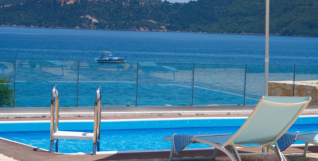 Watch the boats come and go from the pool side at Villa Frydi, Karavomilos, Kefalonia, Greek Islands