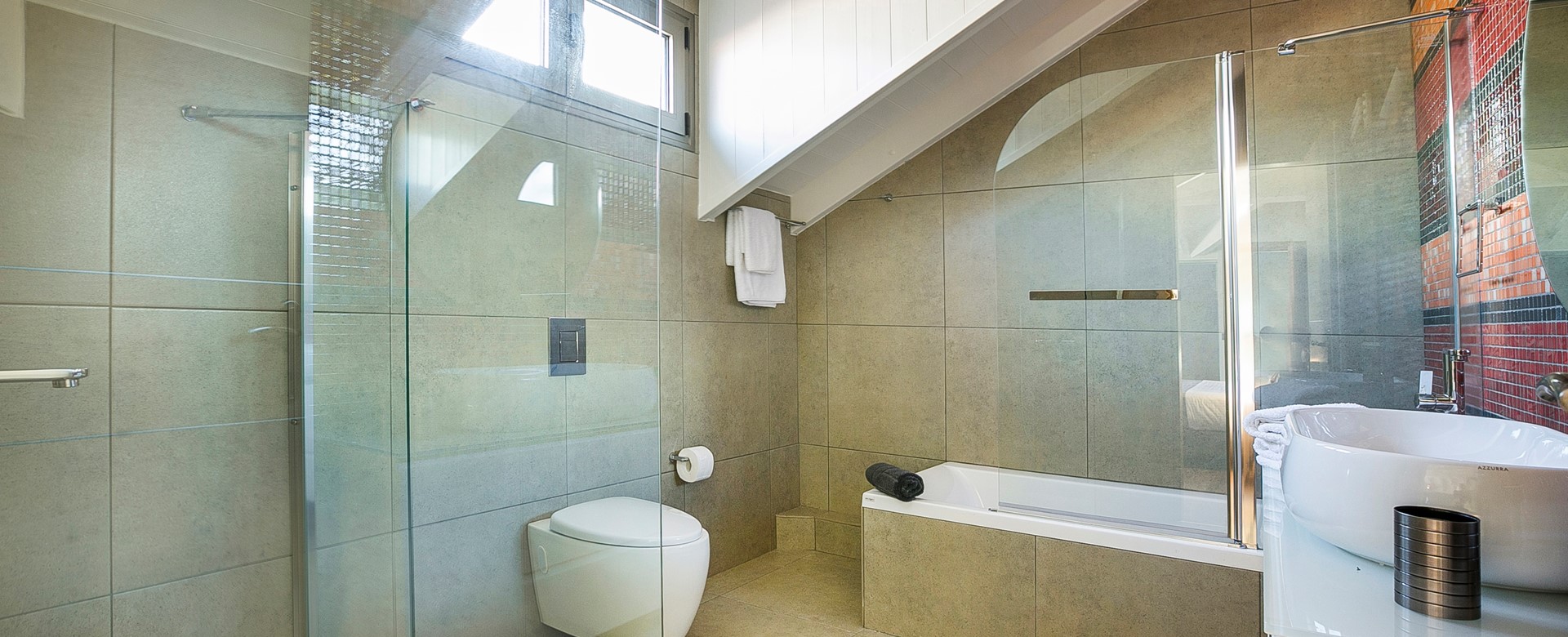 Bathroom with separate shower and basin in Marina Penthouse Apartment, Argostoli, Kefalonia, Greek Islands