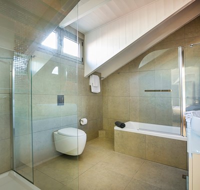 Bathroom with separate shower and basin in Marina Penthouse Apartment, Argostoli, Kefalonia, Greek Islands