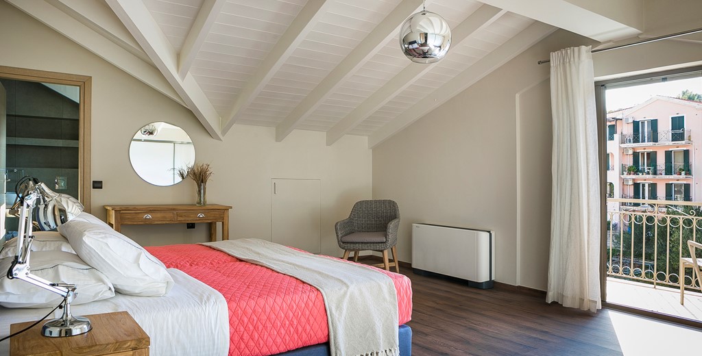 Large double bedroom with balcony to the rear of Marina Penthouse Apartment, Argostoli, Kefalonia, Greek Islands