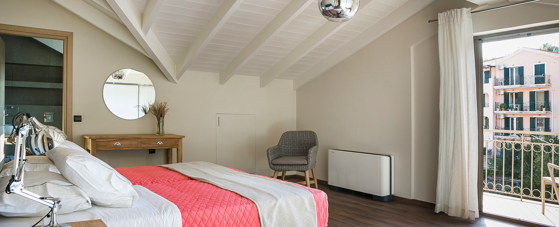 Large double bedroom with balcony to the rear of Marina Penthouse Apartment, Argostoli, Kefalonia, Greek Islands