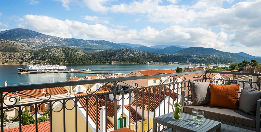 Views from the Marina Penthouse Apartment balcony across the bay in Argostoli, Kefalonia, Greek Islands