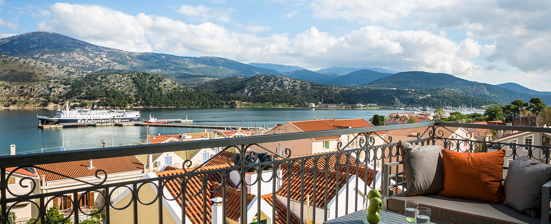 Views from the Marina Penthouse Apartment balcony across the bay in Argostoli, Kefalonia, Greek Islands