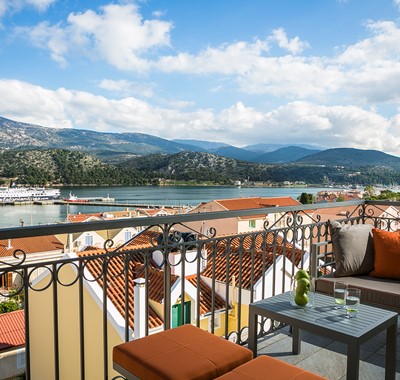 Views from the Marina Penthouse Apartment balcony across the bay in Argostoli, Kefalonia, Greek Islands