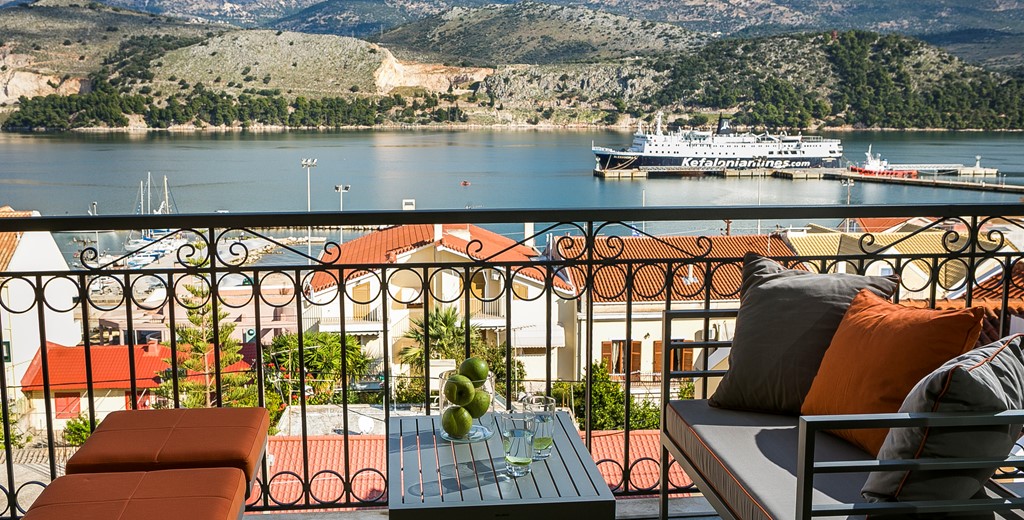 Comfortable outside seating on the balcony of Marina Penthouse Apartment enjoying the views across Argostoli, Kefalonia, Greek Islands