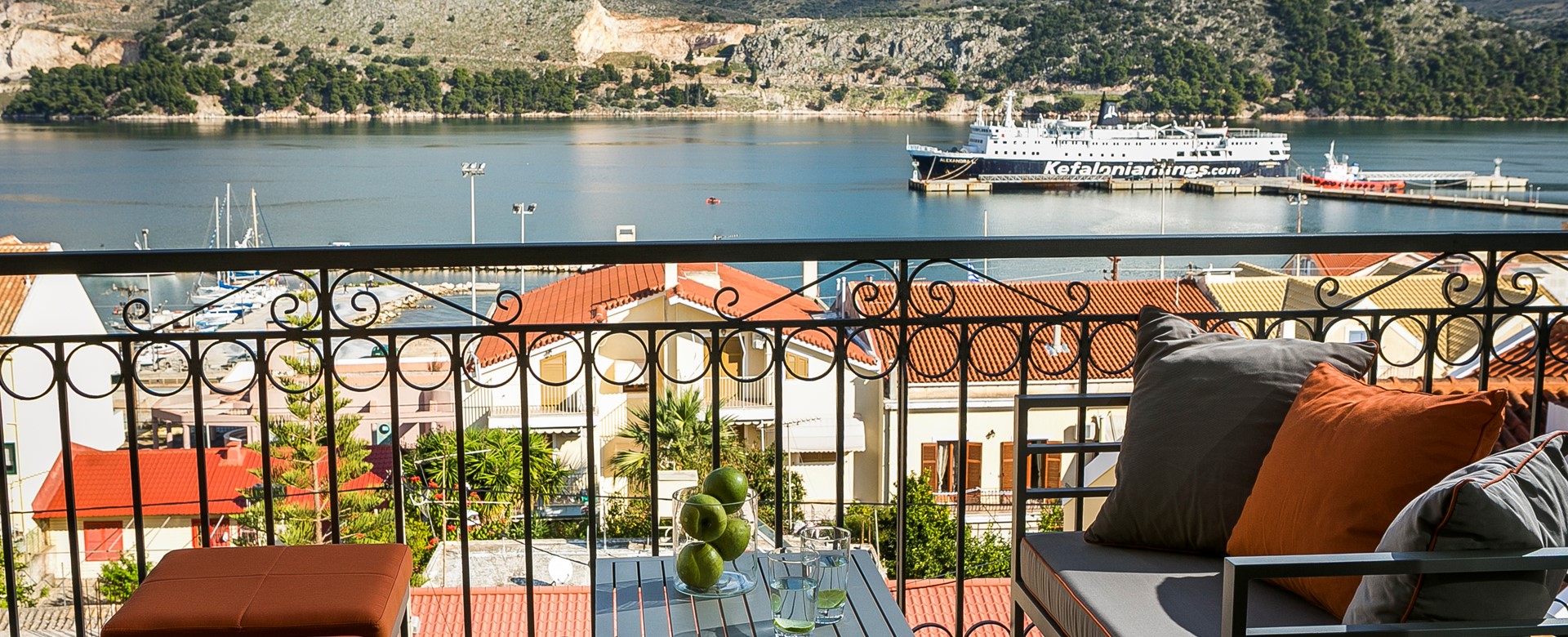 Comfortable outside seating on the balcony of Marina Penthouse Apartment enjoying the views across Argostoli, Kefalonia, Greek Islands