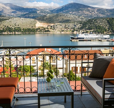 Comfortable outside seating on the balcony of Marina Penthouse Apartment enjoying the views across Argostoli, Kefalonia, Greek Islands