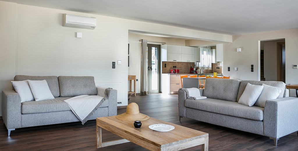 Open plan and spacious lounge dining and kitchen space inside Marina Penthouse Apartment, Argostoli, Kefalonia, Greek Islands