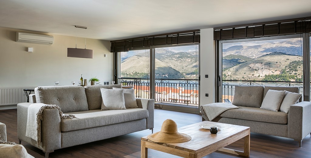 Panoramic views of the bay and surrounding hills inside or out on the balcony of Marina Penthouse Apartment, Argostoli, Kefalonia, Greek Islands