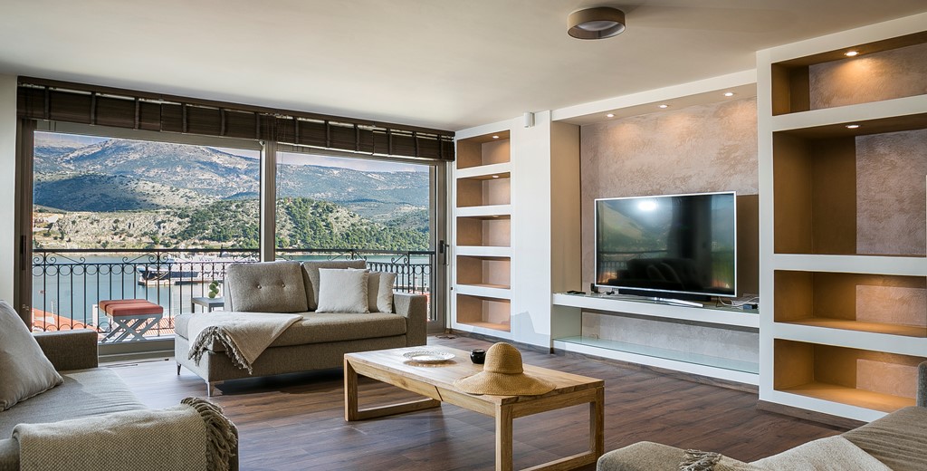 Modern, minimal, clean and clutter free family lounge space in Marina Penthouse Apartment, Argostoli, Kefalonia, Greek Islands
