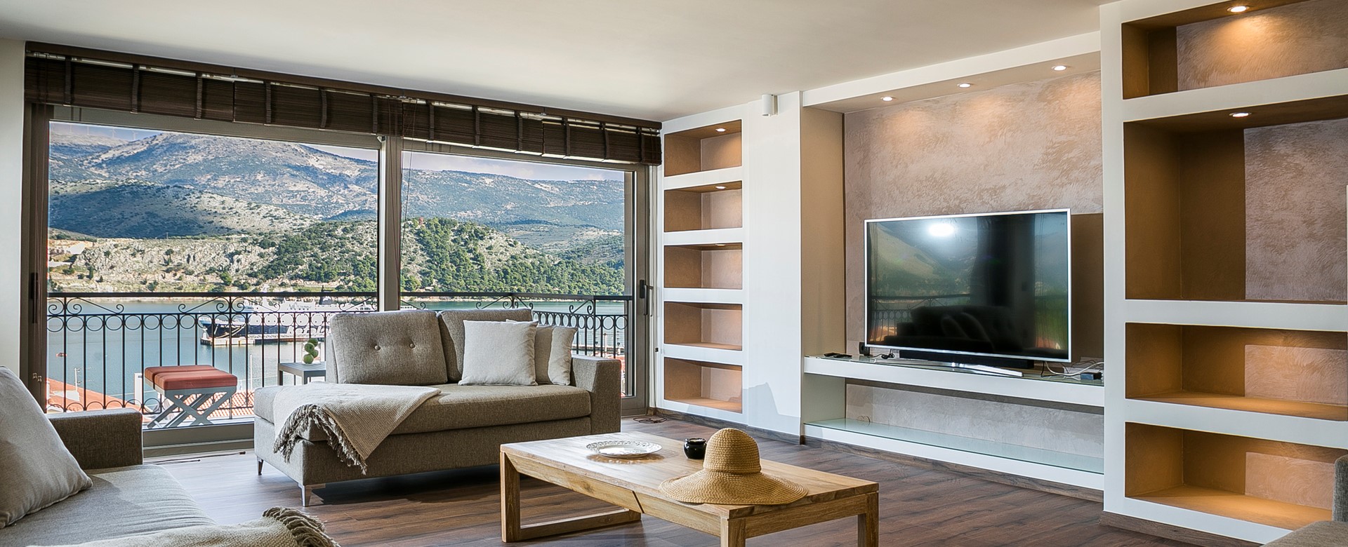 Modern, minimal, clean and clutter free family lounge space in Marina Penthouse Apartment, Argostoli, Kefalonia, Greek Islands