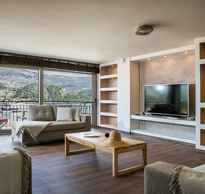 Modern, minimal, clean and clutter free family lounge space in Marina Penthouse Apartment, Argostoli, Kefalonia, Greek Islands
